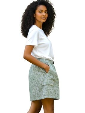 Aspen Green on Green Leaf Print Nylon Belted Cargo Mini Hiking Skirt (XL)